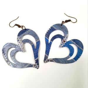 Hand Crafted Denim look papercraft heart shape earrings